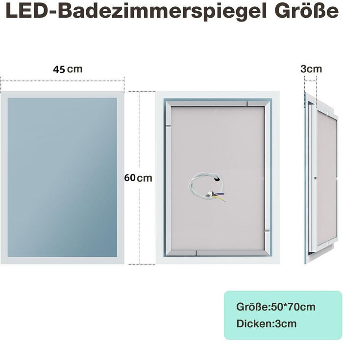 Дзеркало для ванної кімнати з підсвічуванням 45x60 см, антизапар, LED, холодний/теплий білий, захисне скло, сенсорний вимикач