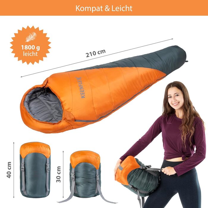 Спальний мішок KeenFlex 3-4 сезони, +7.2°C до -23.4°C, 1500г/2150г, літній та зимовий, для туризму, машинне прання