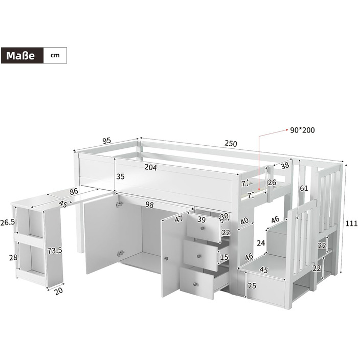 Ліжко дитяче 90x200, дерев'яне з шухлядами, полицями та бічною панелью, захистом від падіння, ламелями та місцем для зберігання, підліткове, функціональне, без матраца, біле
