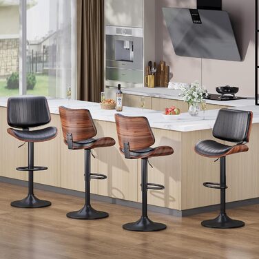 Набір з 2 барних стільців GIKPAL з дерев'яною спинкою та шкіряним сидінням, обертаються, чорний