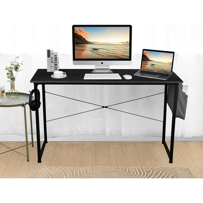 Письмовий стіл, комп'ютерний стіл з тримачем для навушників і сумкою для зберігання, стійкий робочий стіл, промисловий дизайн, стіл для ПК, невеликий офісний стіл Офісний стіл для дому, офісу (120 x 60 x 75 см, чорний)