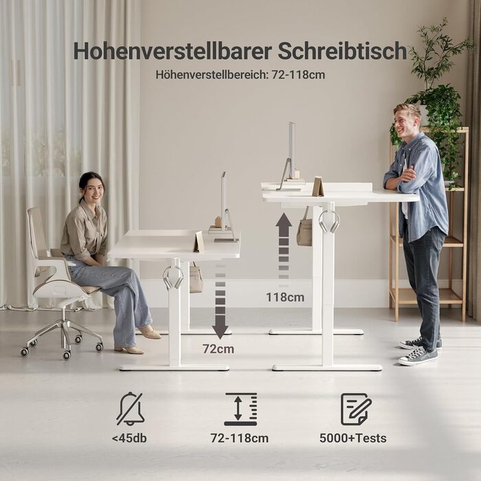 Регульований стіл Claiks для офісу, 120x60 см, білий, 80 кг, 3 положення пам'яті, з гачками