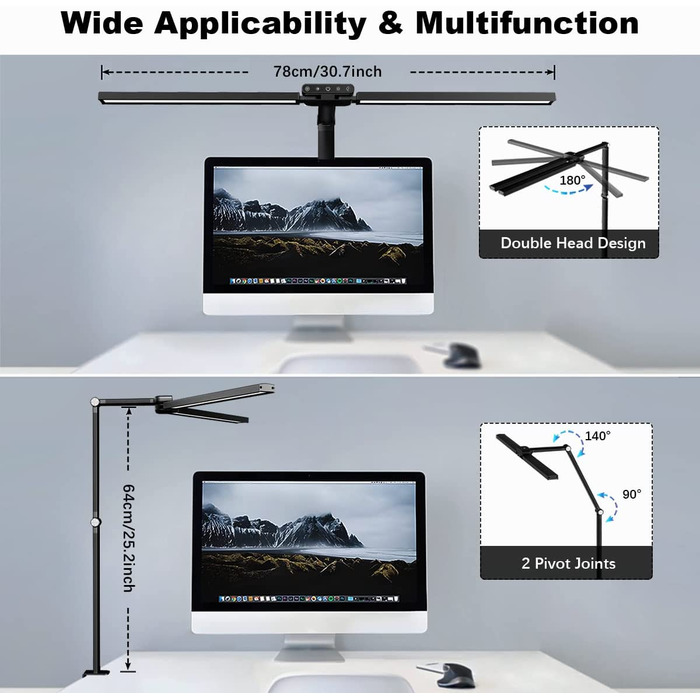 Світлодіодна настільна лампа з регульованою яскравістю, Настільна лампа Bravzurg 78 см 24 Вт з затиском з датчиком освітленості, 5 колірних температур, 5 рівнів яскравості, настільна лампа з функцією пам'яті для монітора, офісу, кабінету