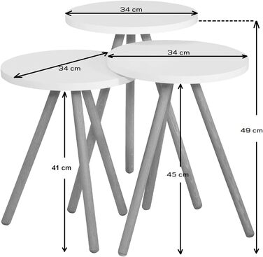 Гніздовий стіл Hjørring в комплекті з 3 шт. Журнальний стіл круглий Стіл для вітальні Журнальний столик Журнальний столик 49 x Ø34 см Диванний стіл (сірий/білий/рожевий)