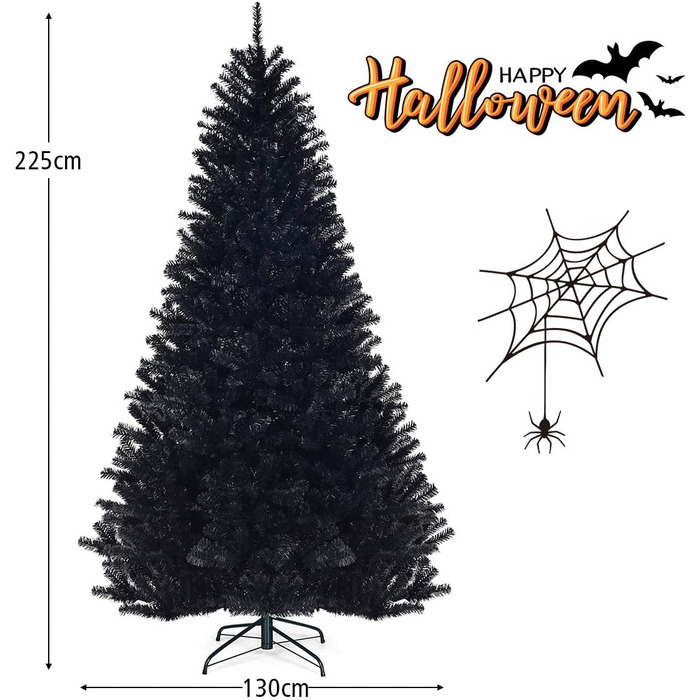Штучна ялинка COSTWAY, 180/225см, з металевою підставкою, 928/1346 наконечників, чорна