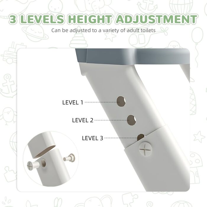 Універсальний дитячий сидіння-сходинка для унітазу 2-в-1 з PU-покриттям, регульована висота, складна конструкція, антиковзке покриття та захист від бризок