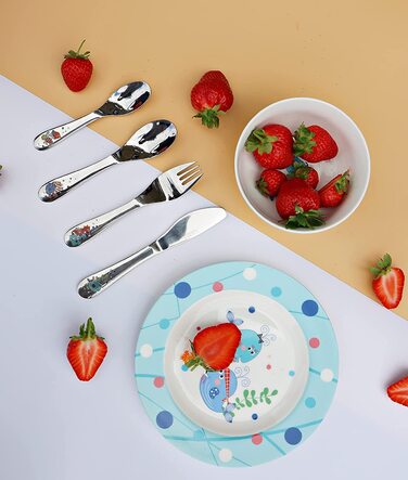 Набір дитячого посуду Exzact з нержавіючої сталі (6 шт.) - миска, тарілка, ніж, виделка, ложка для чаю, столова ложка - подарункова коробка