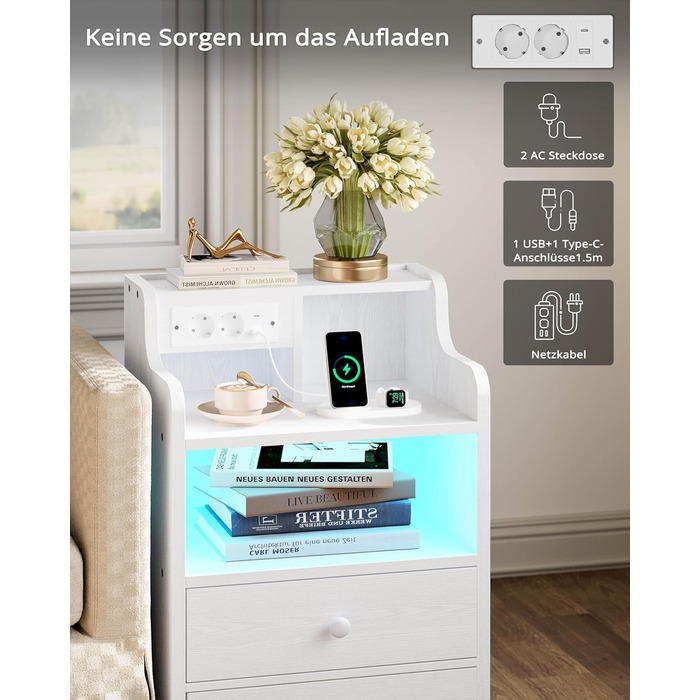 Нічний столик IRONCK з LED-підсвіткою, розеткою та функцією зарядки, з ящиками, білий.