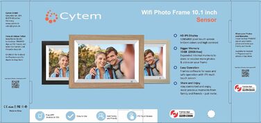 Цифровий фоторамка Cytem 10.1 дюйма з Wi-Fi, 32GB, сенсор руху, IPS 16:10, сенсорне управління, коричневе дерево, FrameO Software