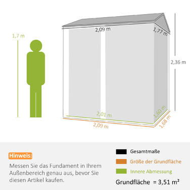 Металевий сарай Metall Gerätehaus 3,5 м², високий закривається на замок, з вентиляційним дахом, отворами для рукавичок, розміром 209 x 177 x 236 см