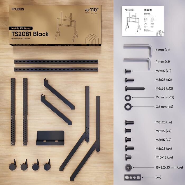 ONKRON Телевізійна стійка на коліщатках для телевізорів 70-110 дюймів, до 125 кг, з полицею, VESA 200x200-1000x800, чорна TS2081-B TS2081