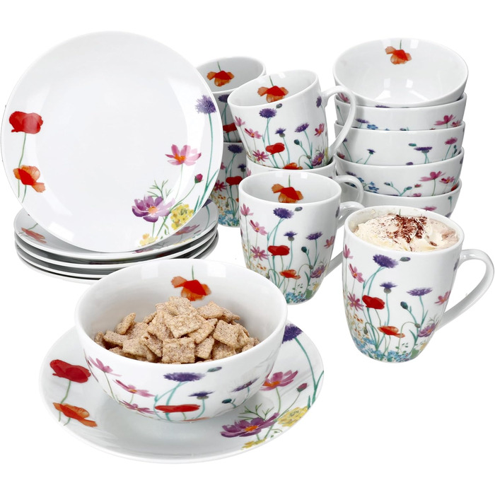 Набір посуду MamboCat Marie 18 предметів для сніданку (6 персон) | Фарфор з квітковим декором | 6 тарілок, 6 кавових чашок 320мл, 6 глибоких тарілок 400мл