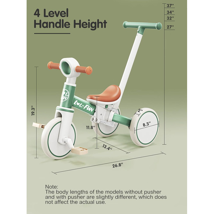 Дитячий біговел-триколіс LOL-FUN 5-в-1 з ручкою, зелений - для хлопчиків та дівчаток від 1 року