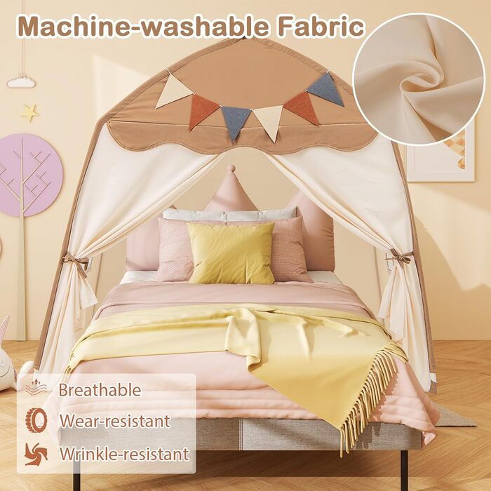 Дитяче намет-будиночок HOMASIS для гри в приміщенні, з 20 зірками, 12 стрічками, килимком, 2 вікнами та шторами, для дівчаток та хлопчиків (колір: коричневий)