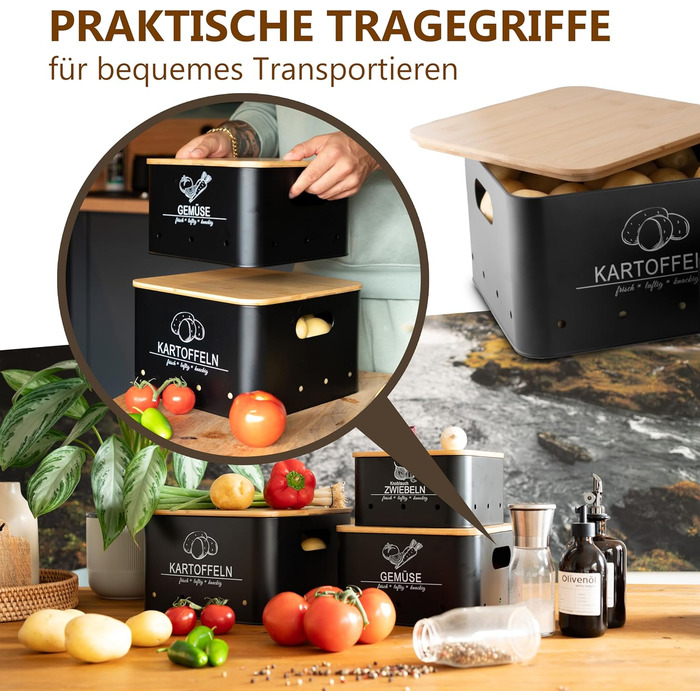Коробки для зберігання картоплі та овочів MNKsolution (3 шт.) - Чорні контейнери для картоплі, овочів, цибулі та часнику - Органайзер для кухні