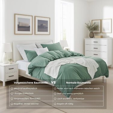 Бетлінова постільна ковдра 200x220 з бавовни, бежевого кольору, супер м'яка, 100% бавовна, попередньо випрана, з льоноподібною текстурою, сертифікат ÖKO-TEX, комплект постільної білизни 200x220 + 2 наволочки 80x80 з блискавкою (200x220 см (3-piece), салатовий колір)