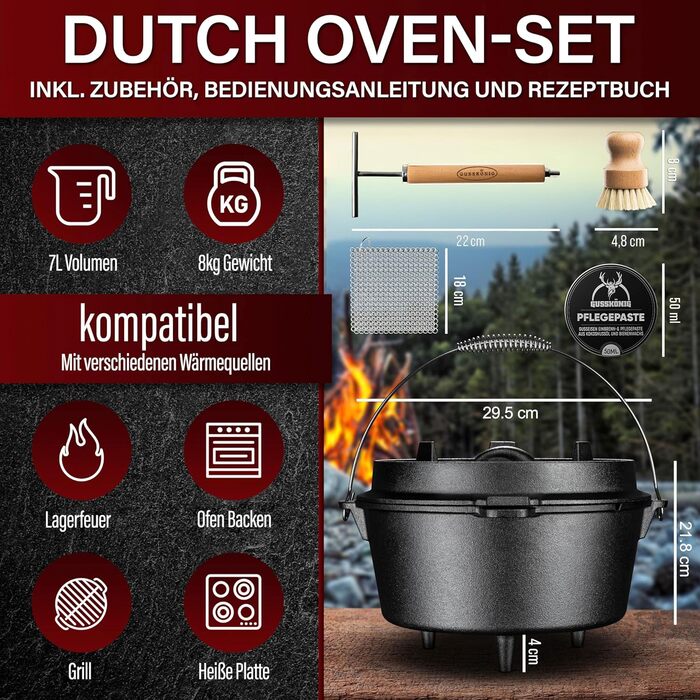 Набір голандського казана – 4,5 л, чавунний, для 2-4 осіб, з ніжками, подвійна функція, з кришкою-інструментом, очисником, щіткою та книгою рецептів – 30 років гарантії