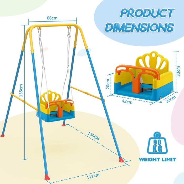 Дитяча гойдалка-шезлонґ 3-в-1 для дому та вулиці з металевим каркасом, для дітей від 6 місяців до 10 років (Жовта)