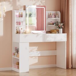 Трюмо Airfish з підсвічуванням 108x40 см: стіл для макіяжу з дзеркалом, 2 шухляди, 3 кольори, регулювання яскравості, для спальні/вітальні (білий)