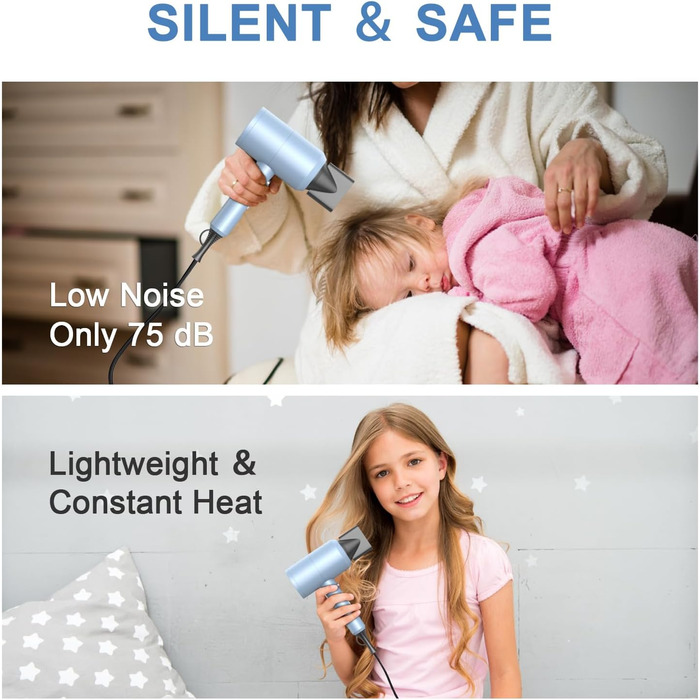 Іонний фен для волосся Slopehill 1800W для швидкого сушіння, професійний салонний фен з 3 насадками-концентраторами, дифузором, 3 режимами температури та 2 швидкостями (матовий синій)