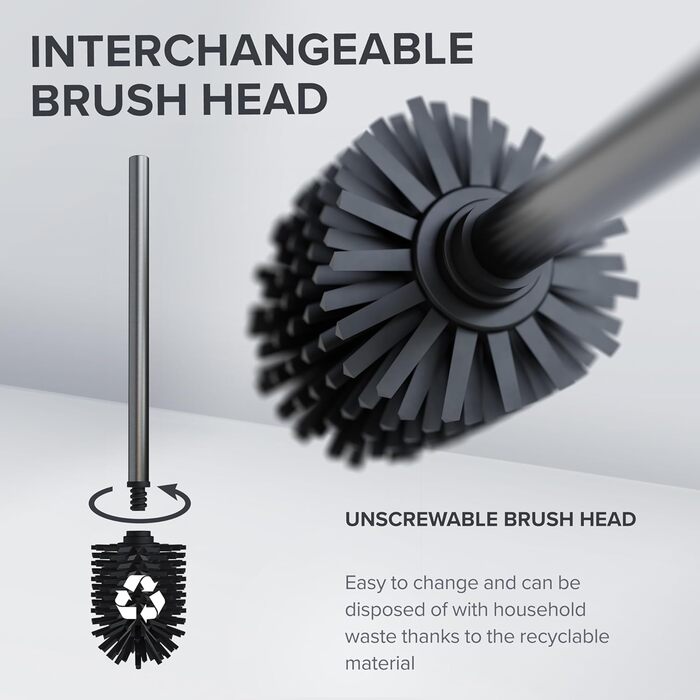 Торцева щітка для унітазу ROMO | Силіконова щітка для унітазу | З вентиляцією | Свободно стояча | Замінний WC-головка з нержавіючої сталі | Знімна підставка для крапель | Торцева щітка без кріплення до стіни (Без бачка, Gunmetal)