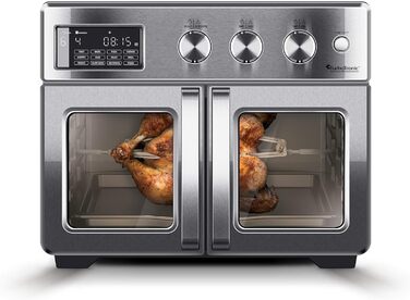 TurboTronic Міні-піч 4-в-1: Конвекційна піч, фритюрниця, дегідратор, гриль. Об'єм 32л, з поворотним шампуром та аксесуарами. Airfryer, піч для піци, міні-стіл (сріблястий)