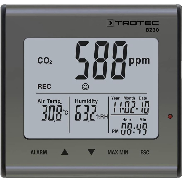 Вимірювач CO2 Trotec BZ30 – Монітор якості повітря, вологості та температури. Діапазон вимірювання 0-9999 ppm, похибка ±75 ppm + 5%, даталогер на 50000 значень з пам'яттю даних