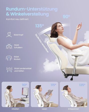 Офісний стіл SONGMICS: ергономічне крісло, ігровий стул, регульована поперекова підтримка, підголовник, підлокітники, для різного зросту, до 150 кг, OBN067BH01 (Верблюжий + Хмарний білий)