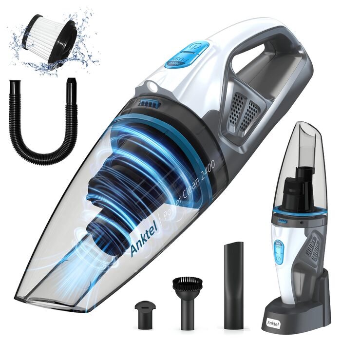 Акумуляторний ручний пилосос PowerClean 2400 для сухого та вологого прибирання з LED-підсвіткою, HEPA-фільтром та зарядною станцією, безмішковий