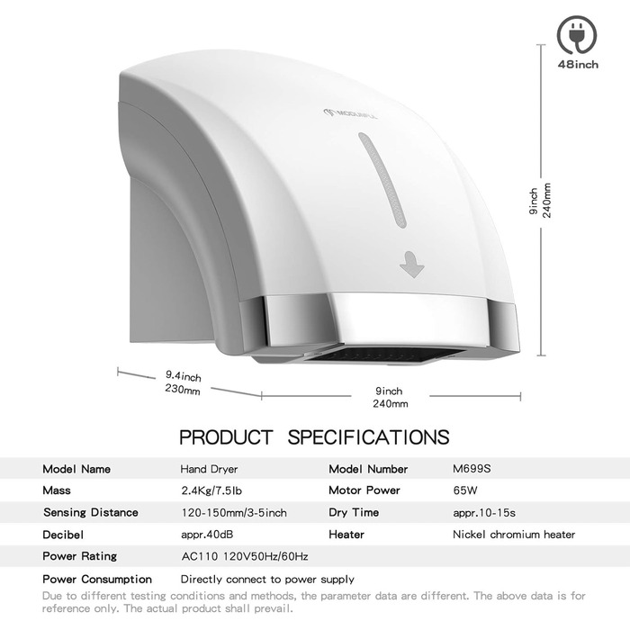 Автоматичний сушар для рук Modunful з інфрачервовим сенсором, настінний, 2000W, тихий (40 dB), ABS-покриття, білий