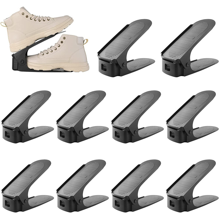 Набір для укладання взуття Arlopu PCS, двошарова полиця для взуття, Стопка для взуття 6,5 см / см / 15 см, нековзний органайзер для взуття з поліпропілену, Регульований для економії місця (25 х 5,5 см, чорний, 20)