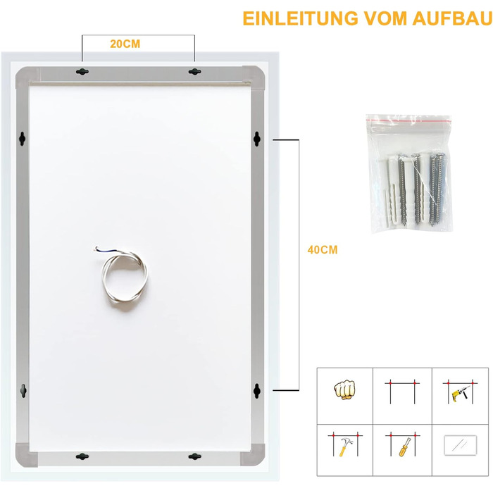 Дзеркало для ванної кімнати Puchika з підсвічуванням, LED-дзеркало 50x70 см, регульоване, тепле/холодне/нейтральне світло 3000-6400K, IP44, A+, сенсорне керування, 3 кольори світла