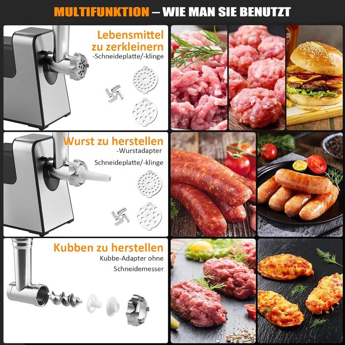 Електричний м'ясорубка STANEW Fleischwolf 3 в 1: м'ясорубка, машина для куббе та ковбас, нержавіюча сталь, 3,5 кг/хв, 3500 Вт