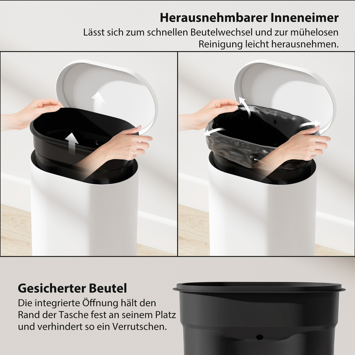 Відро для сміття 12 л з педаллю, внутрішнім відром, м'яким закриттям кришки, біле (30 x 25,5 x 37,5 см)