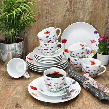 MamboCat Marie - 18-Piece Coffee Set | Porcelain Dinnerware with Floral Decor for 6 People | 6 Cups (190ml), Saucers & Plates for Breakfast & Coffee