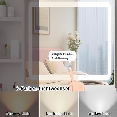 Дзеркальний туалетний столик з LED-підсвічуванням та пуфом, 6 шухляд, 3 відкриті полиці, для спальні, білий, з дерева
