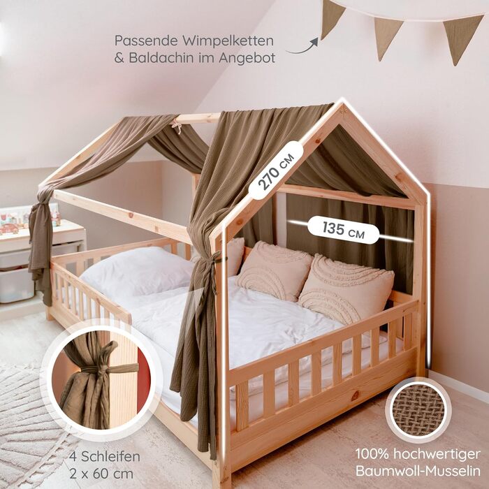 Балдахін для ліжка lilimaus House - 100 бавовняний мусліновий балдахін - Прикраса ліжка для будинку - Подарунок дівчаткам і хлопчикам - Штори для ліжка з балдахіном для дитячих ліжок 90x200 & 120x200 - Балдахін для оформлення дитячої кімнати (темно-бежеви
