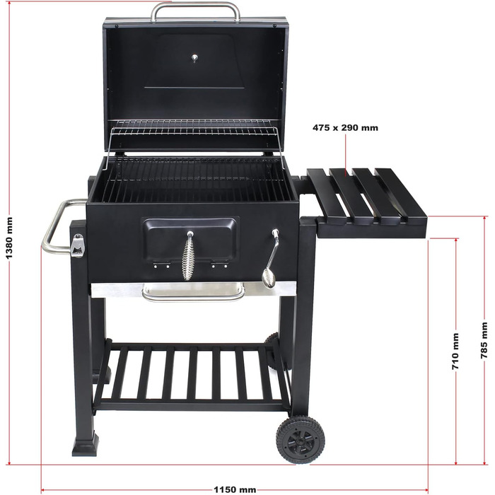 Гриль-возок на дровах BBQ з кришкою, полицею та регульованою дверцею для вугілля, термометром та регулюванням висоти
