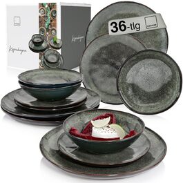 Набір посуду SÄNGER Teller Set Kopenhagen 24 елементи, 8 осіб, керамічний сервіз (тарілки для вечері, сніданку, супу), зелений/сірий, PREMIUM COLLECTION