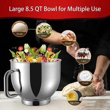 Кухонна машина Zuccie з тихою роботою, місткістю 5л, з нержавіючою сталевою чашею, 3 насадки, захист від бризок, скребок для тіста та роздільник яєць, 8+ швидкостей