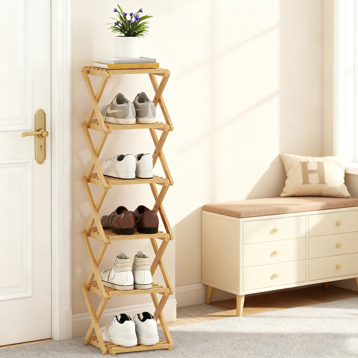 Стійка для взуття, розкладна, з 6 полицями з бамбука, вміщує до 9 пар взуття, розмір 30 x 29 x 108 см, колір: натуральний