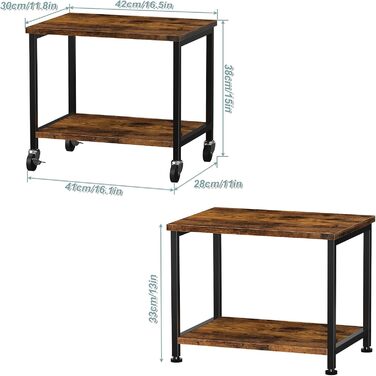 Двоярусний столик для принтера з роликами, 30x42x37 см, дерев'яний та металевий, мобільний, для офісу та вітальні (колір: коричневий)