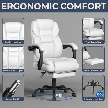 Ергономічне крісло Yaheetech для офісу, для начальника з підставкою для ніг, регульовані підлокітники, комп'ютерне крісло з високою спинкою, біле