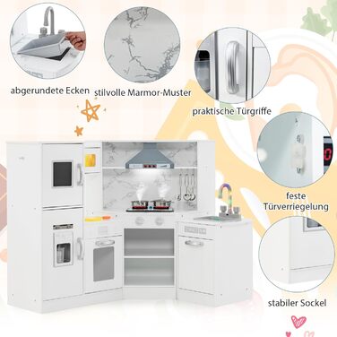 Дерев'яна дитяча кухня DREAMADE з аксесуарами, кухонний куточок з плитою, духовкою, мийкою та дошками для письма, ігровий набір з підсвіткою та звуком для дівчаток від 3 років (білий)