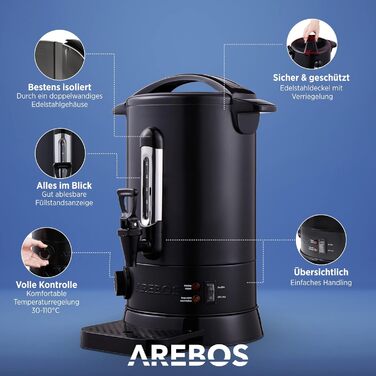 Електричний глінтвейновий котел Arebos 950 Вт | Глінтвейновий диспенсер | 8,8 л | з піддоном, краном, термостатом та захистом від перегріву | Регулювання температури 30-110°C | Чорний