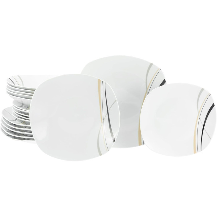 CreaTable Серія Square City Line: 18-частинний набір посуду на 6 осіб, кавовий сервіс з порцеляни, придатний для миття в посудомийній машині та використання в мікрохвильовій печі