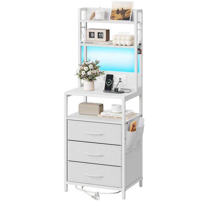 Нічний столик з підзарядкою та LED, бічний столик з 3 висувними ящиками з тканини, тумбочка з полицею для книг, відкрите відділення, 2 розетки AC, USB та Type C порти, для спальні, вітальні, офісу (40x30x60 см, Білий, 1)