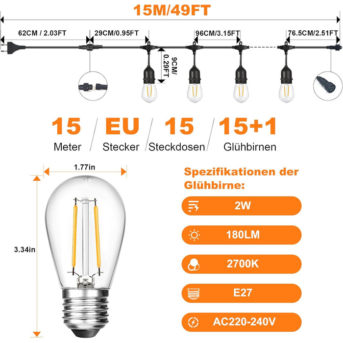 BRIMAX LED гірлянда для вулиці, 30 метрів, AC220-240V, IP44, 46+4 лампочки G40 E12 1W, 2200K тепле біле світло, розширювана, для кемпінгу, ярмарку, саду, вечірки