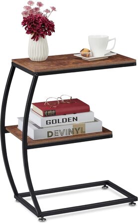 Журнальний столик Relaxdays, 2 полиці, С-подібна форма, промисловий дизайн, диванний стіл з металу та дерева, HWD 57,5x47,5x25 см, коричневий