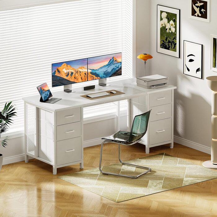 Комп'ютерний стіл Coleshome з 6 шухлядами, 160x52 см, білий для дому та офісу